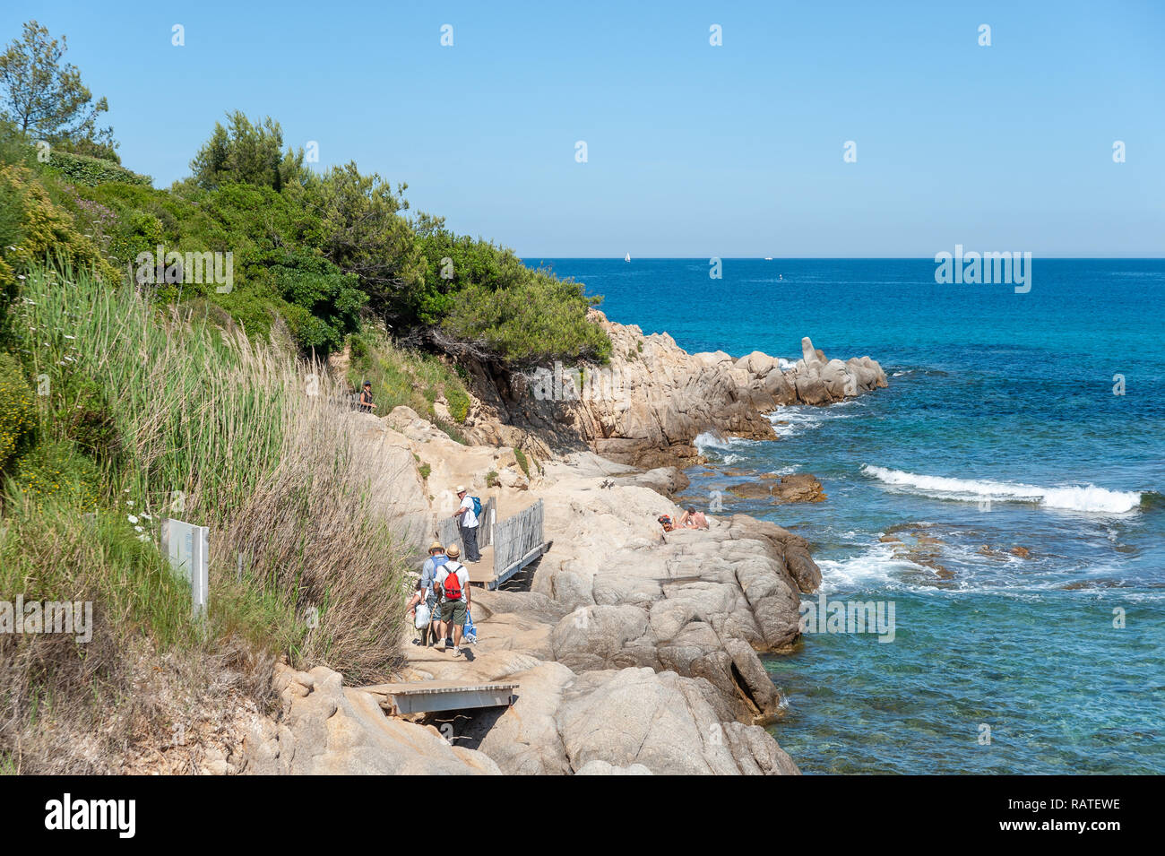 Landscape with coastal path Sentier du Littoral, Ramatuelle, Var, Provence-Alpes-Cote d`Azur, France, Europe Stock Photo